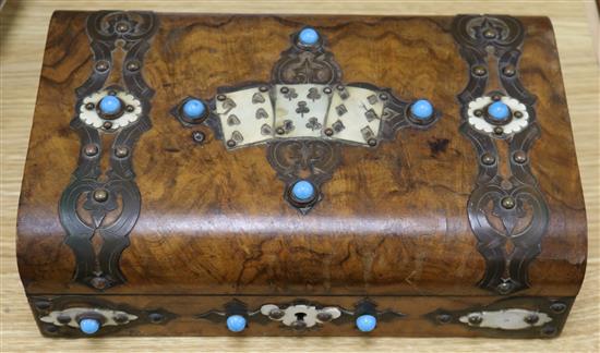 A Victorian brass, ivory and turquoise mounted gaming box, 11in.